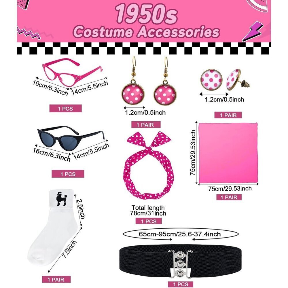 Women 10Pcs 1950s Poodle Skirt Outfit Set Retro Sock Hop Vintage Style - Picture 3 of 6